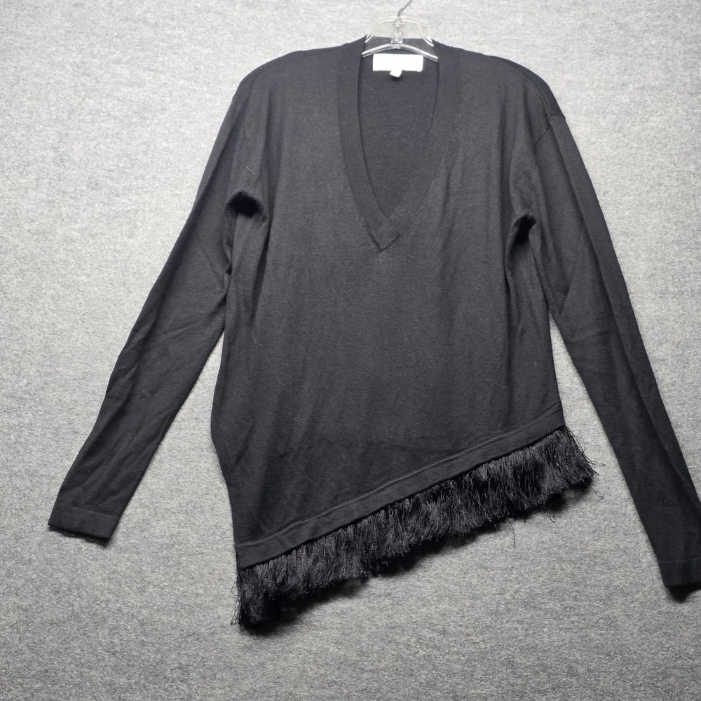 Derek Lam 10 Crosby Black Silk Cashmere V-Neck Fringe Hem Sweater Women's M